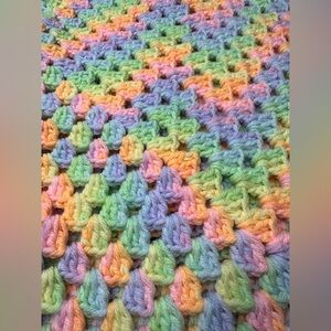 Handmade Crochet Throw Baby Blanket Pastel Yellow Pink Green Orange Cozy 40X38